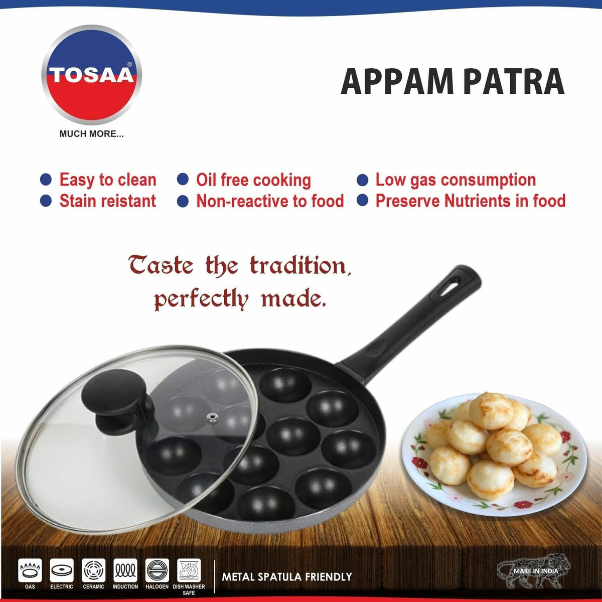 Tosaa Non-Stick Heavy Duty Aluminium 12 Cavity Appam Patra Paniyarakkal One Side Handle