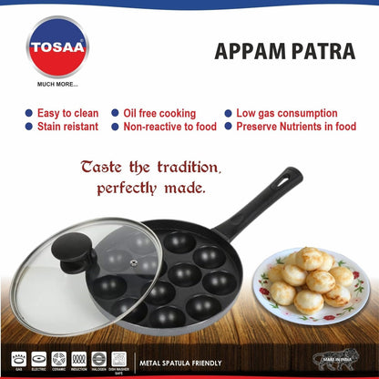 Tosaa Non-Stick Heavy Duty Aluminium 12 Cavity Appam Patra Paniyarakkal One Side Handle