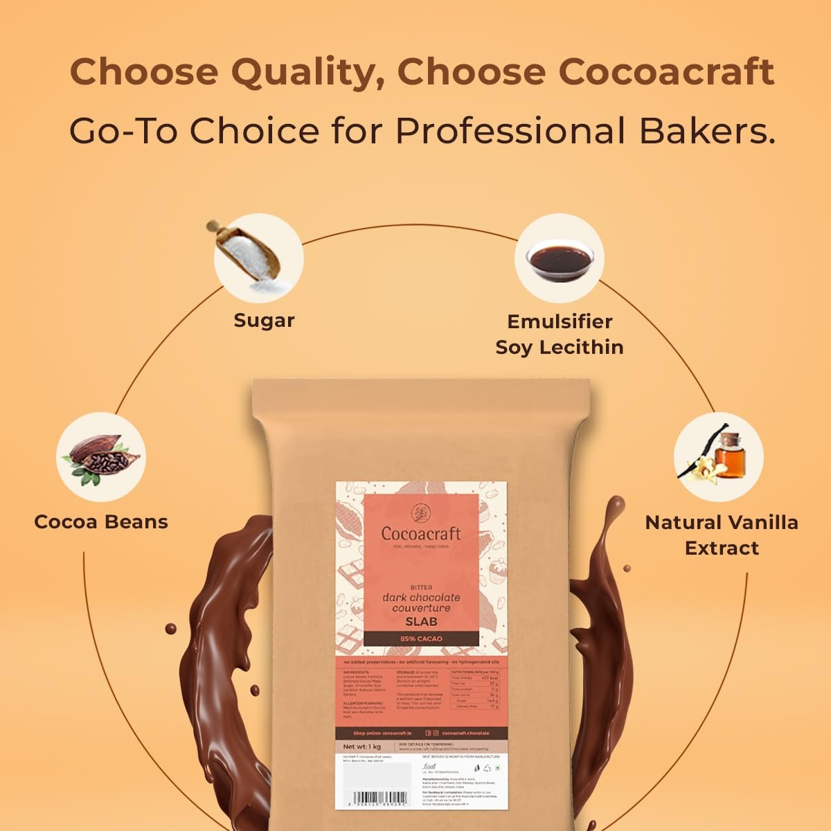Cocoacraft 85% Bitter Dark Chocolate Couverture Slab Chocolate Bar - 1KG