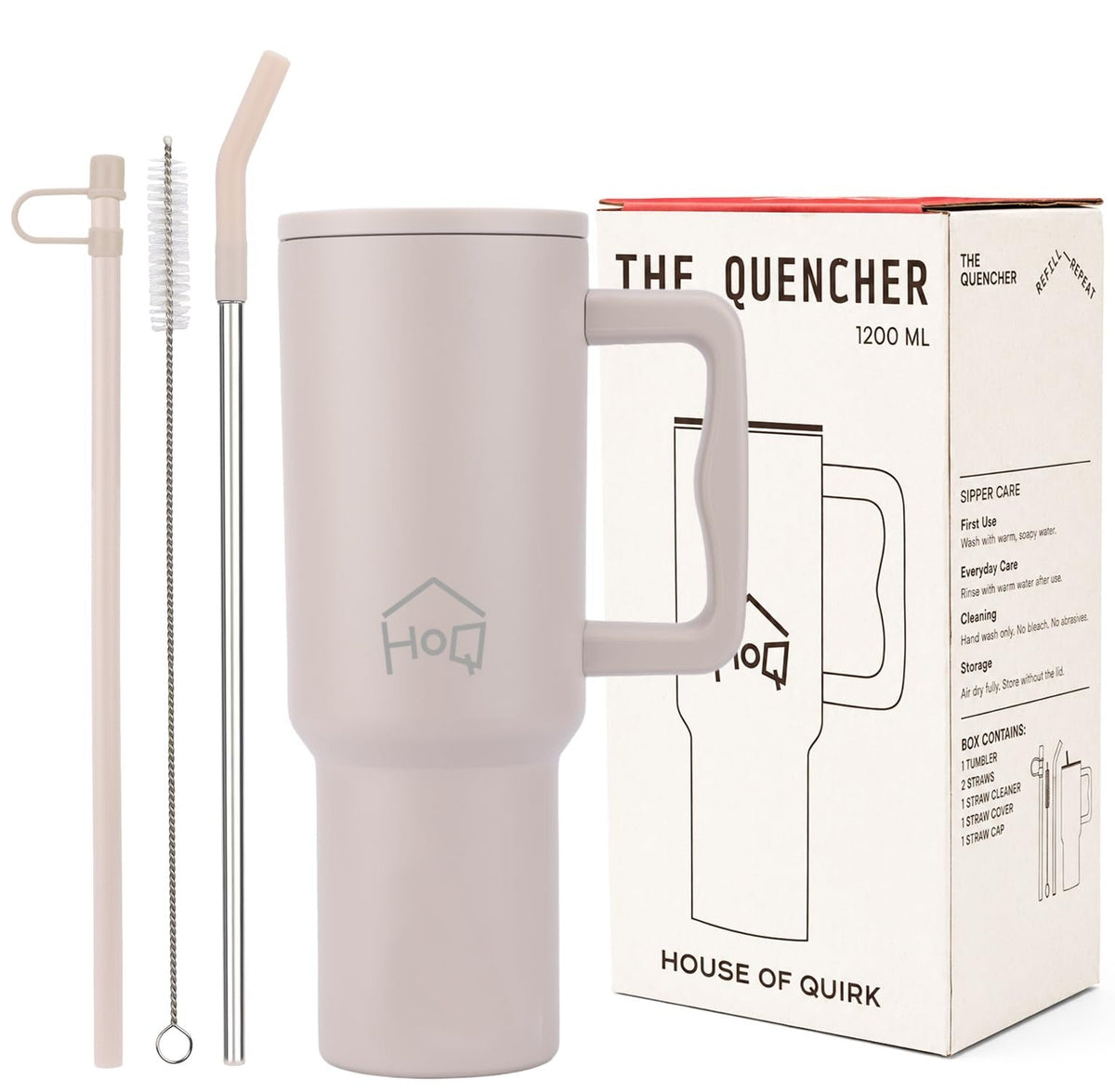 House of Quirk 1200ML Stainless Steel Tumbler with Handle & Lid - Oatmeal