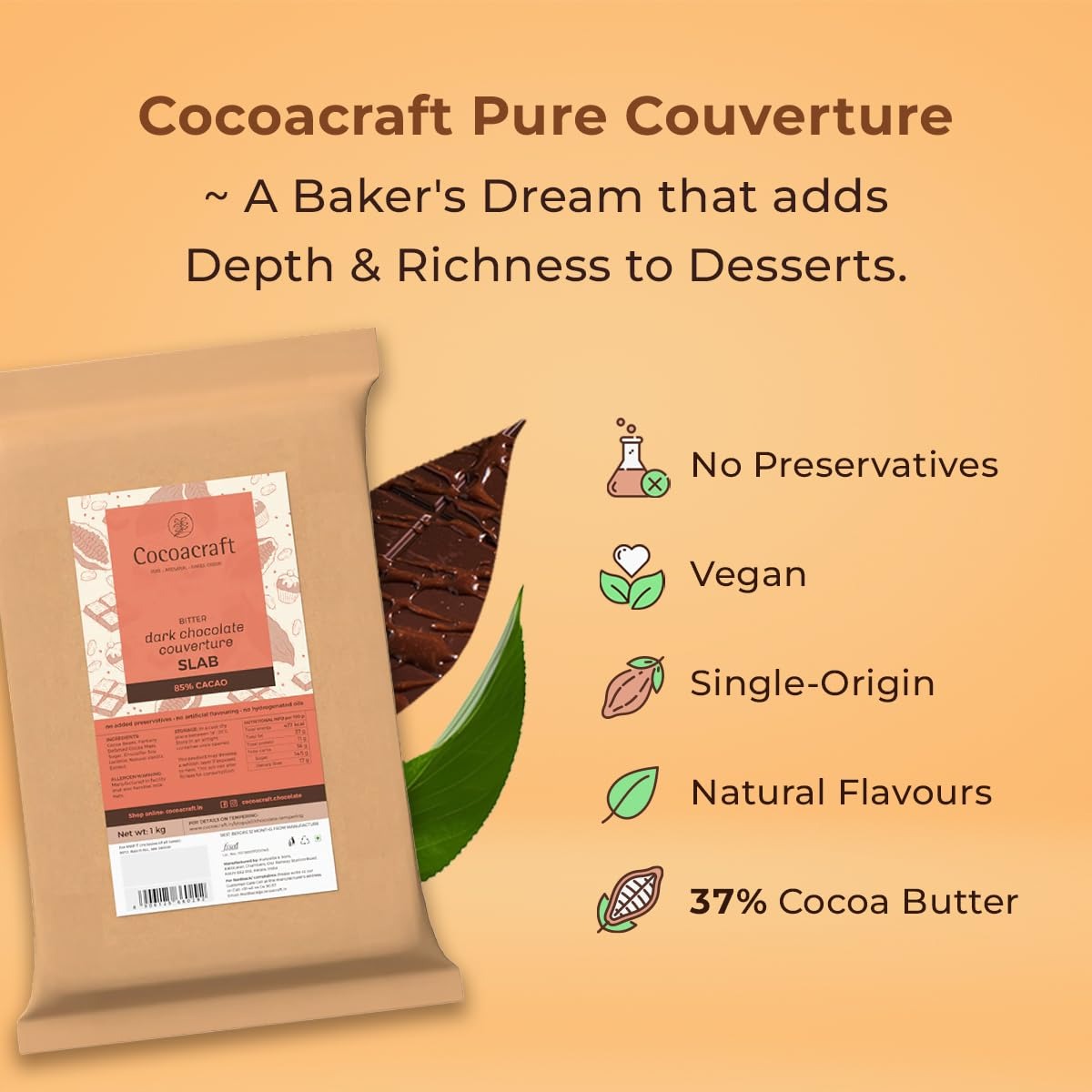 Cocoacraft 85% Bitter Dark Chocolate Couverture Slab Chocolate Bar - 1KG