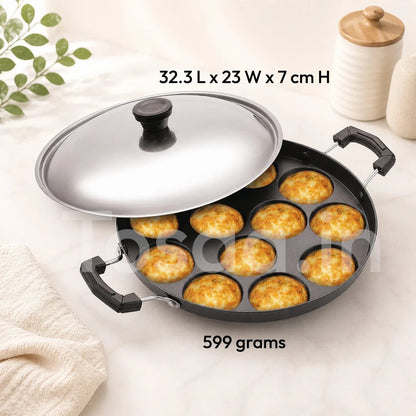 Tosaa Non-Stick 12-Cavity Appam Patra with Stainless Steel Lid - Black