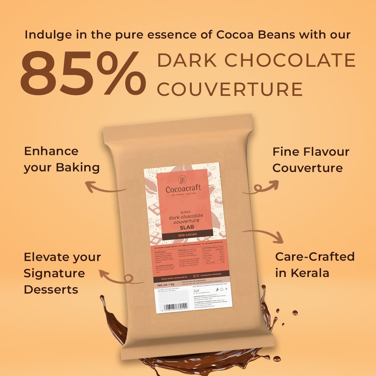 Cocoacraft 85% Bitter Dark Chocolate Couverture Slab Chocolate Bar - 1KG