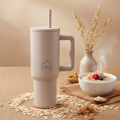 House of Quirk 1200ML Stainless Steel Tumbler with Handle & Lid - Oatmeal