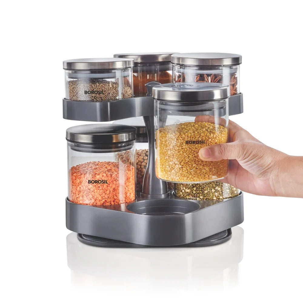 Borosil Spin N Store Tray with Airtight Glass Jars Classic Set of 7