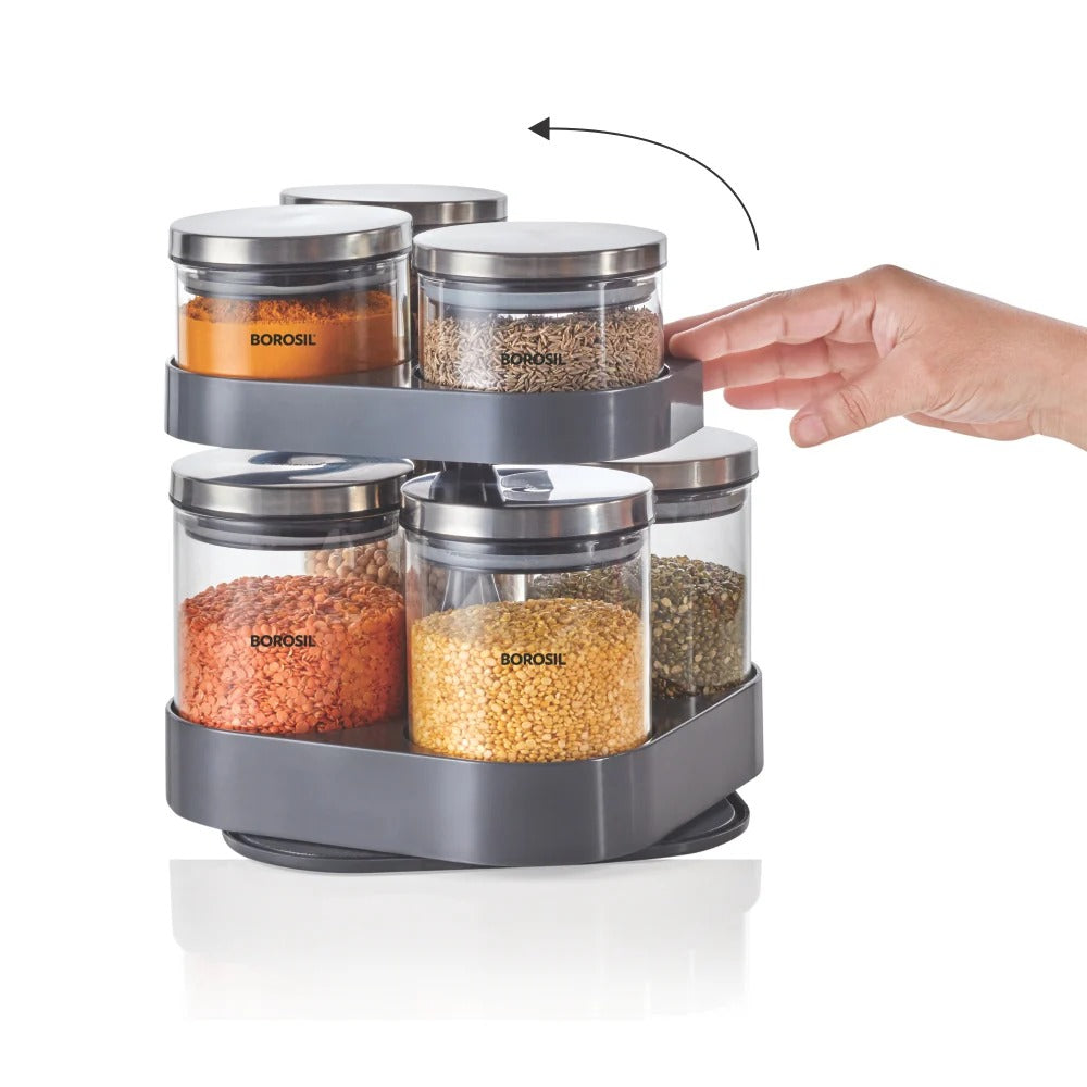 Borosil Spin N Store Tray with Airtight Glass Jars Classic Set of 7