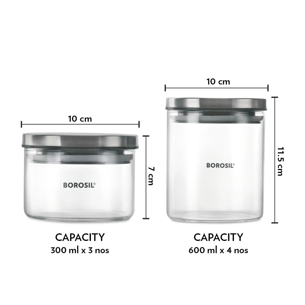 Borosil Spin N Store Tray with Airtight Glass Jars Classic Set of 7