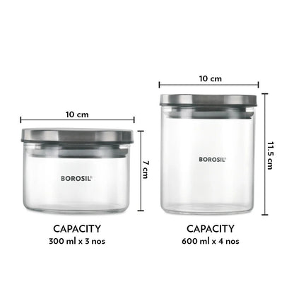 Borosil Spin N Store Tray with Airtight Glass Jars Classic Set of 7
