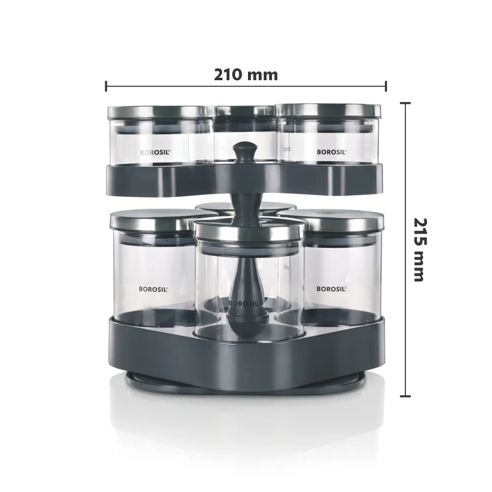 Borosil Spin N Store Tray with Airtight Glass Jars Classic Set of 7