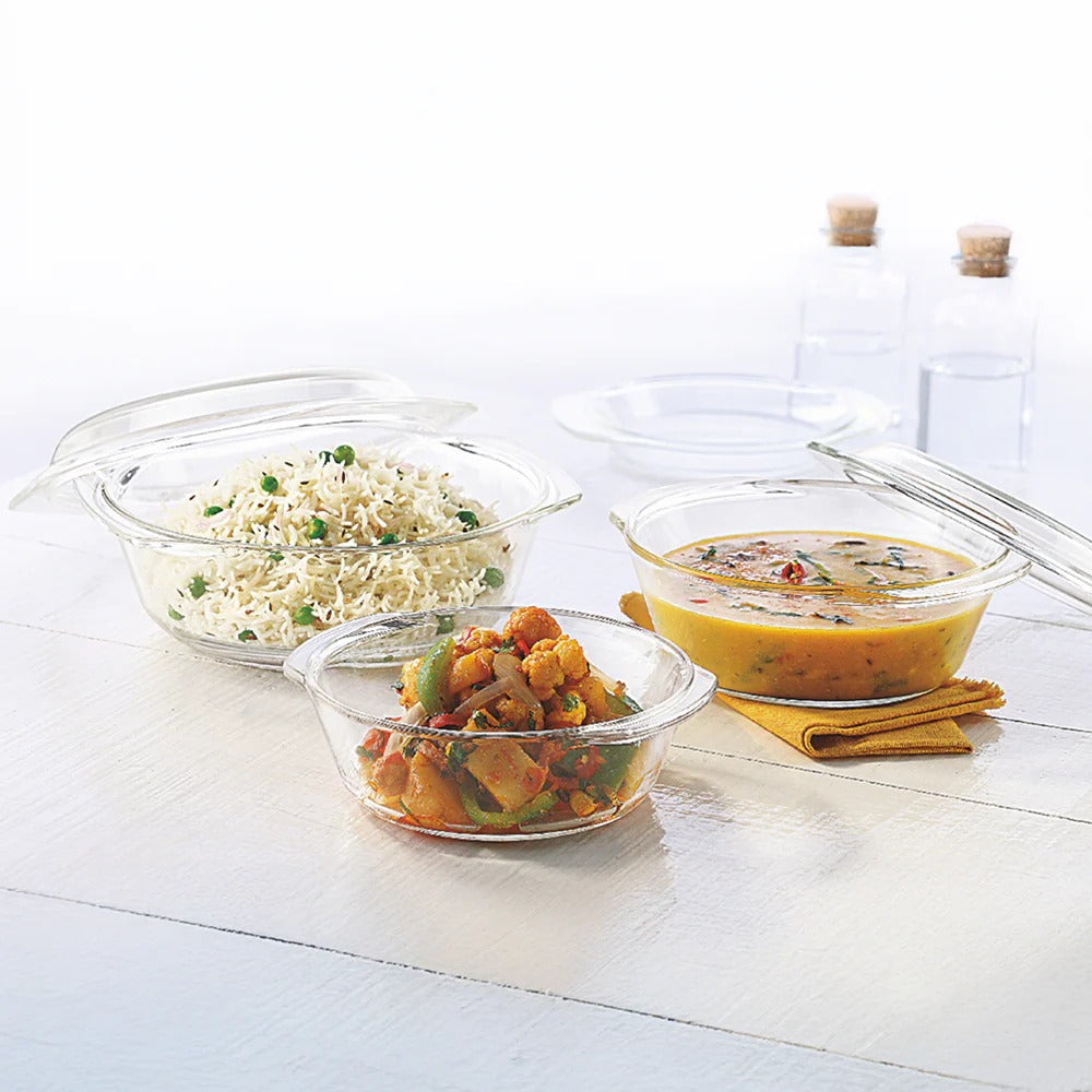 Borosil Round Casserole Set of 3 with Lid (750ml+1L+1.5L)