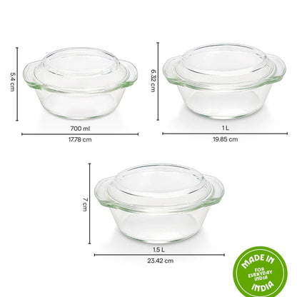 Borosil Round Casserole Set of 3 with Lid (750ml+1L+1.5L)
