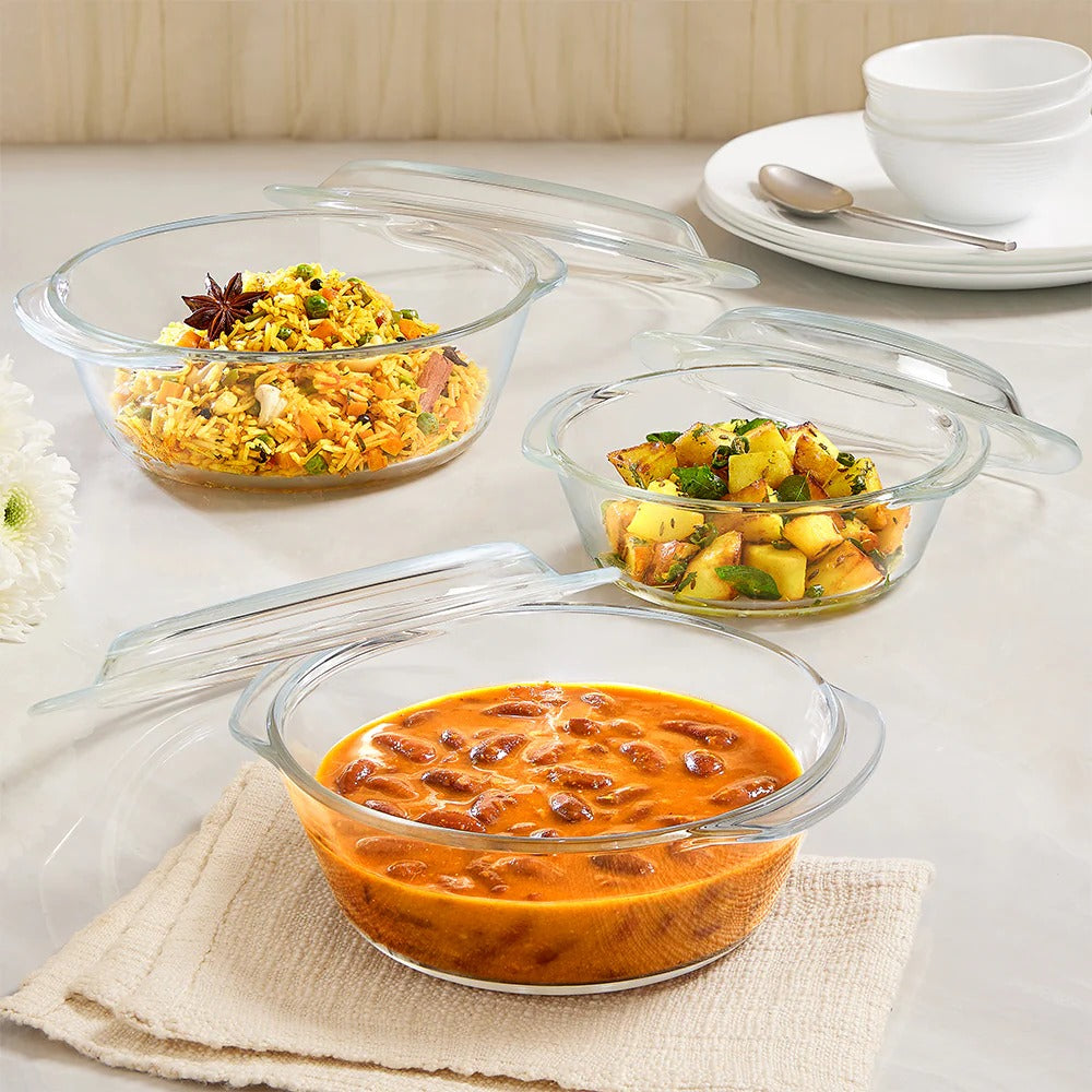 Borosil Round Casserole Set of 3 with Lid (750ml+1L+1.5L)