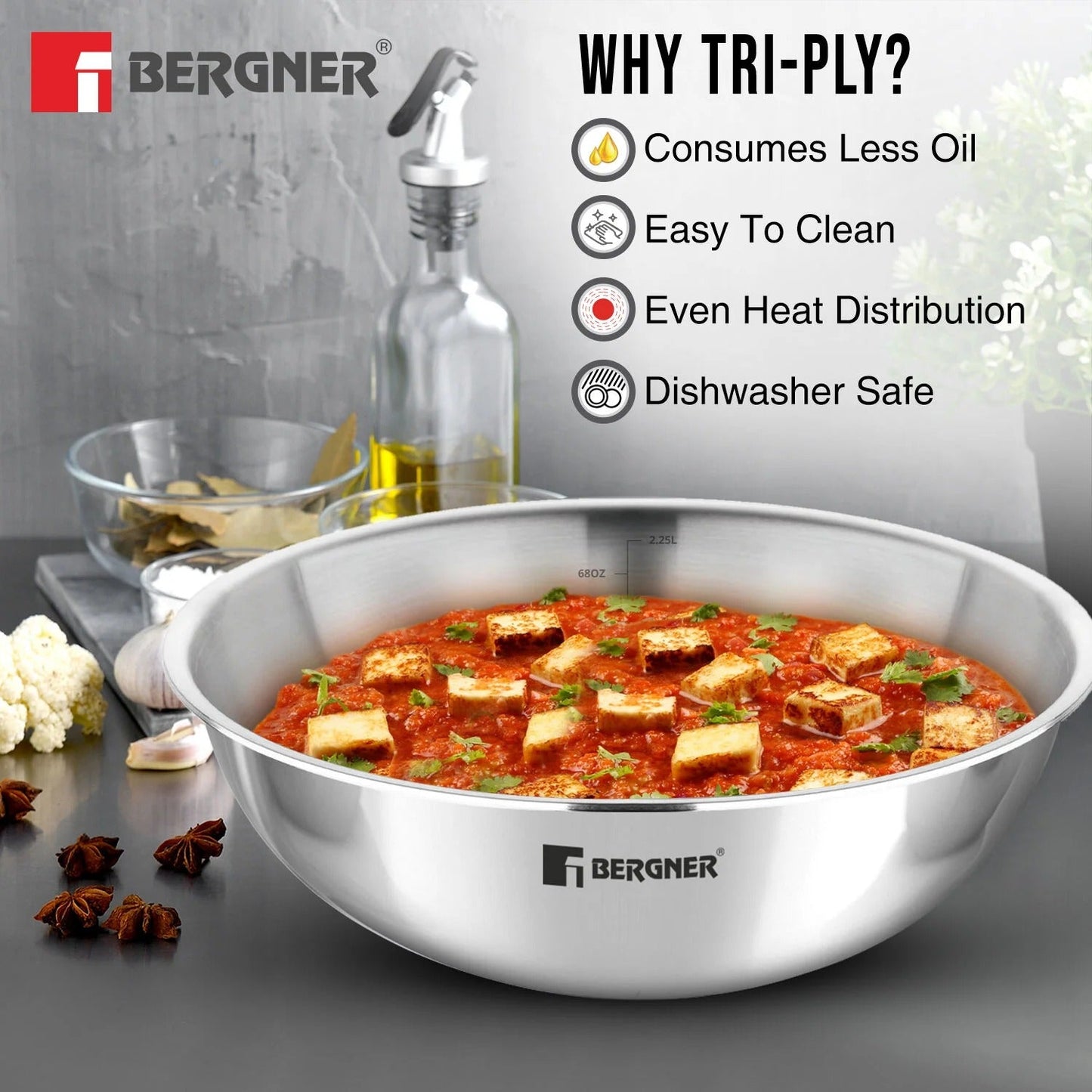 Bergner Argent Tri-Ply Stainless Steel Tasra Induction Bottom