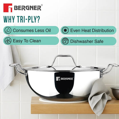 Bergner Argent Tri-Ply Deep Kadai with Lid