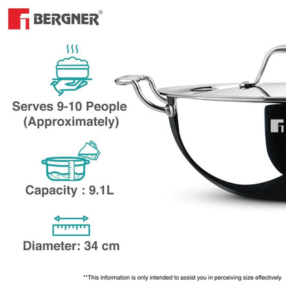 Bergner Argent Tri-Ply Deep Kadai with Lid