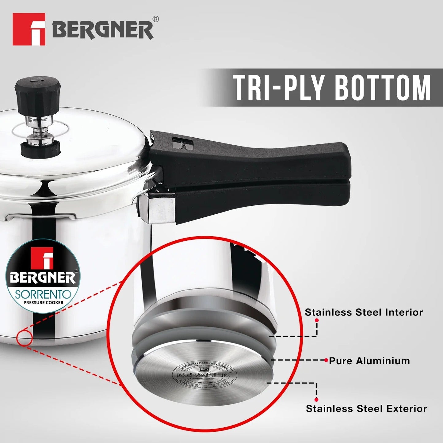 Bergner Sorento Stainless Steel Outer Lid Pressure Cooker 3L (BGIN-1851)