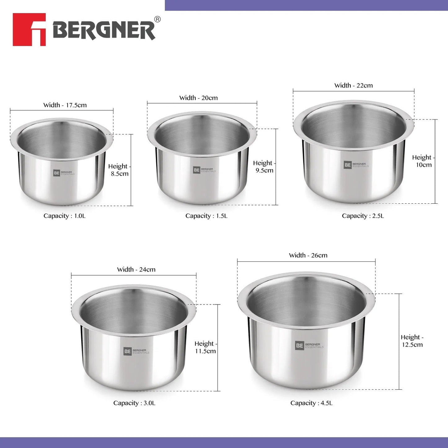 Bergner BE Essentials 5 Pcs Tope Set Stainless Steel (BGIN-6249)