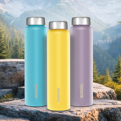 Borosil Apex Single Wall Water Bottle Set of 3 (1L Each) - Teal, Blue & Lavender