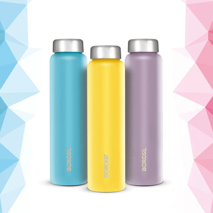 Borosil Apex Single Wall Water Bottle Set of 3 (1L Each) - Teal, Blue & Lavender