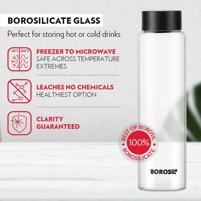 Borosil Crysto Glass Bottle with Black Lid