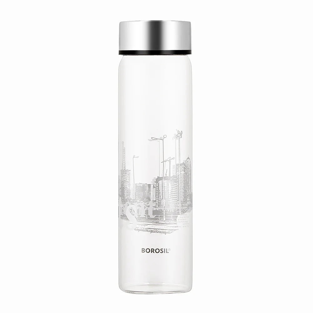 Borosil Neo Wide Mouth Roma Glass Bottle with Silver Lid 550ml