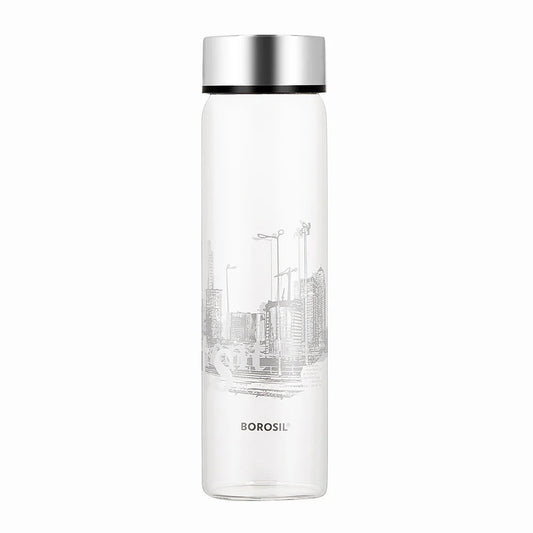 Borosil Neo Wide Mouth Roma Glass Bottle with Silver Lid 550ml