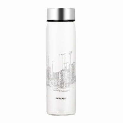 Borosil Roma Glass Bottle Wide Mouth Silver Lid 550ml