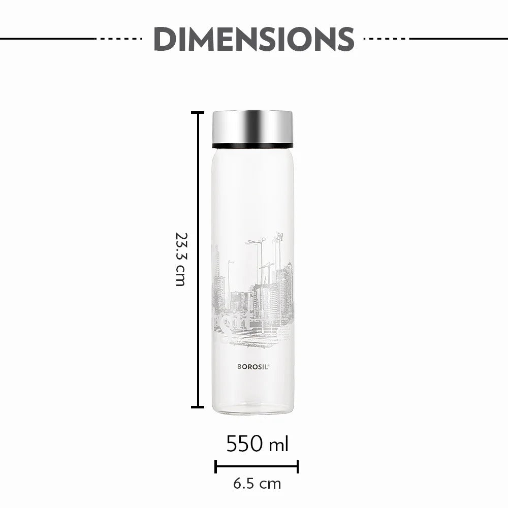 Borosil Roma Glass Bottle Wide Mouth Silver Lid 550ml