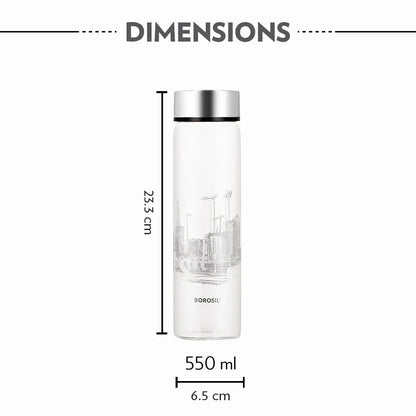 Borosil Roma Glass Bottle Wide Mouth Silver Lid 550ml