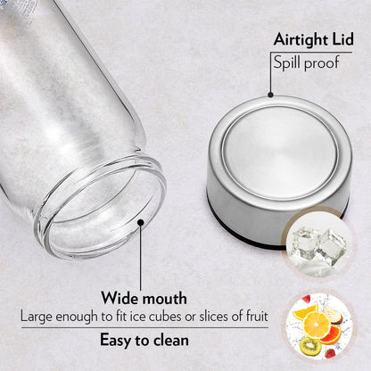 Borosil Roma Glass Bottle Wide Mouth Silver Lid 550ml