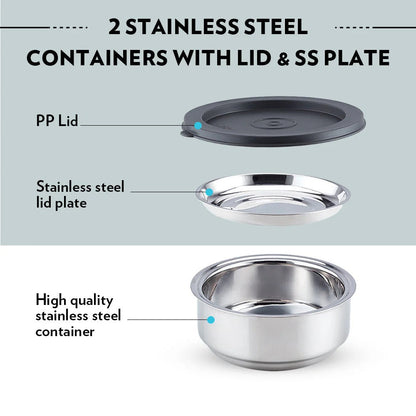 Borosil CarryFresh Steel Lunch Box Office Tiffin Set of 2 (180ml×2)