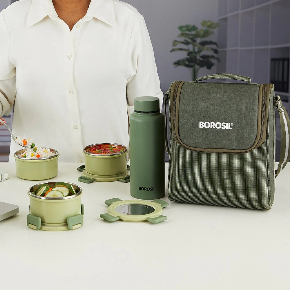 Borosil Glory Lunchbox with SS Bottle (280ml×3 + 600ml Bottle)