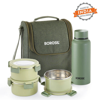 Borosil Glory Lunchbox with SS Bottle (280ml×3 + 600ml Bottle)