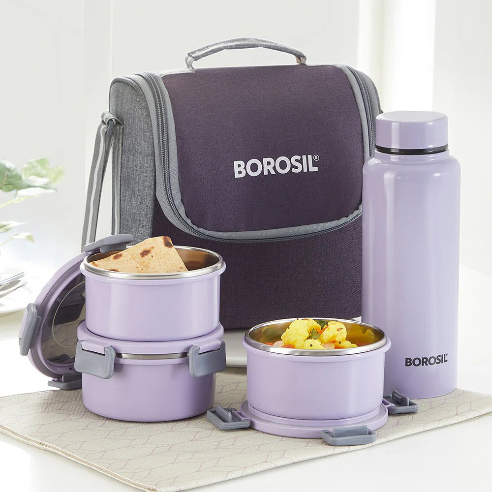 Borosil Glory Lunchbox with SS Bottle (280ml×3 + 600ml Bottle)