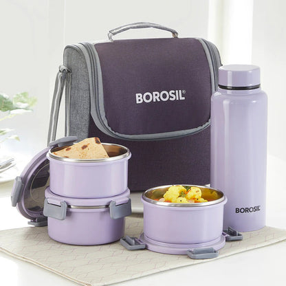 Borosil Glory Lunchbox with SS Bottle (280ml×3 + 600ml Bottle)
