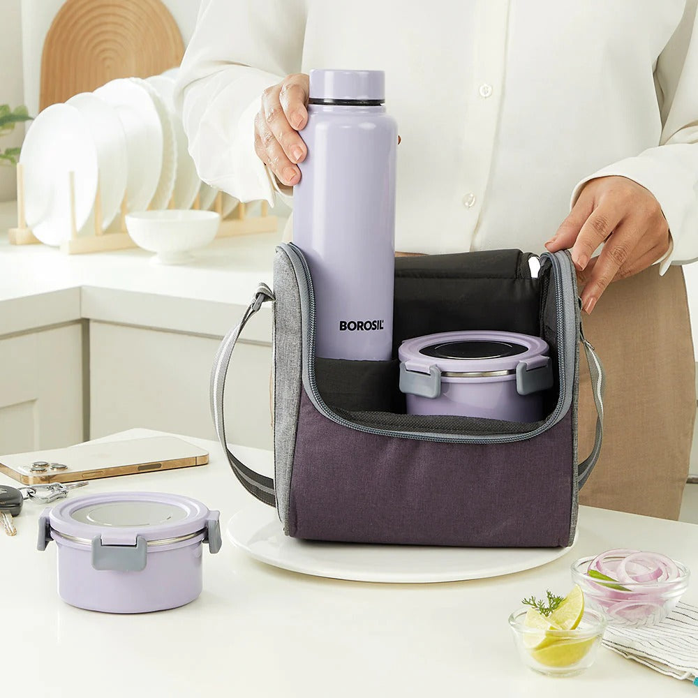 Borosil Glory Lunchbox with SS Bottle (280ml×3 + 600ml Bottle)