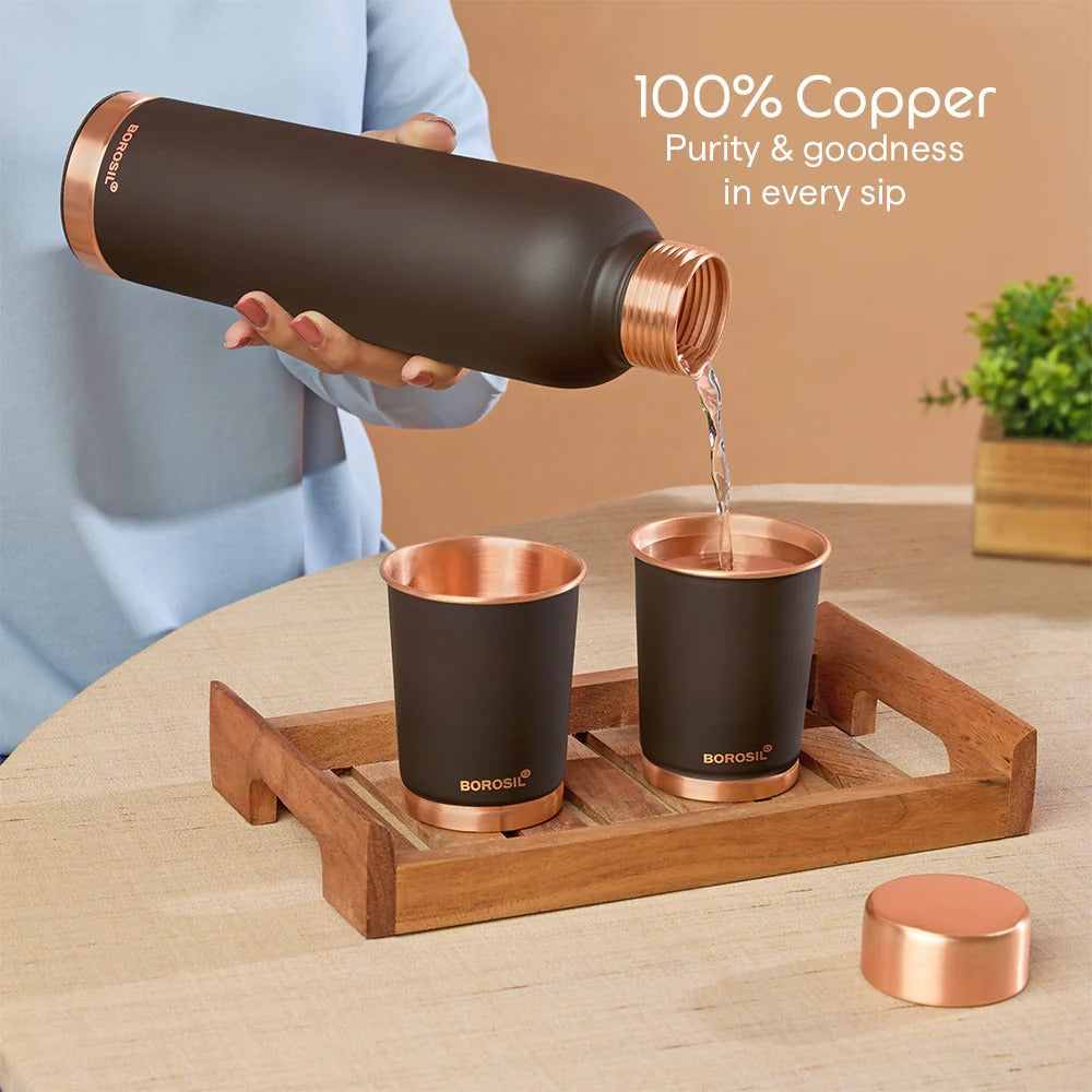 Borosil Eco Colour Copper Bottle and Glass Set Brown