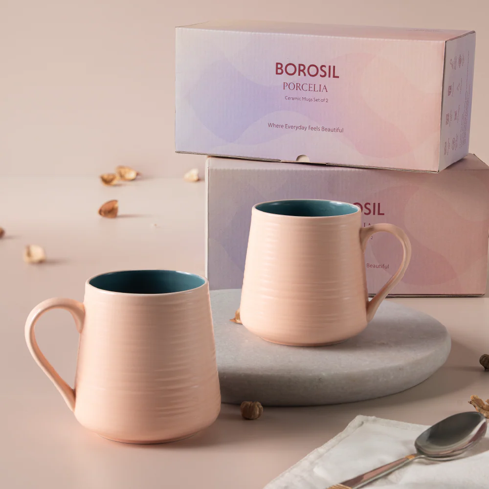 Borosil Porcelia Bello Mug Peach Set of 2 (400ml×2)