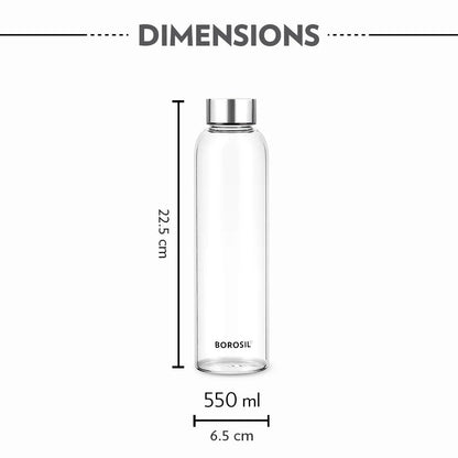 Borosil Crysto Slim Glass Bottle Steel Lid 550ml