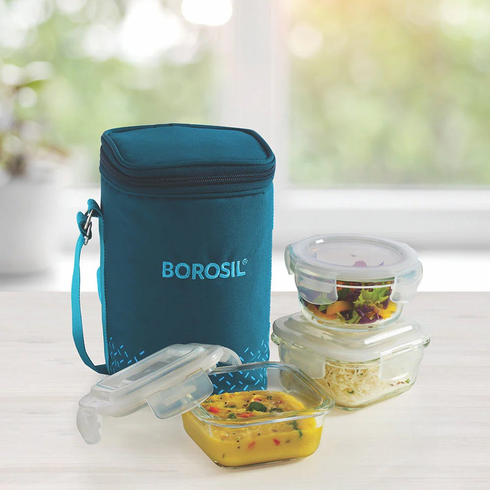 Borosil Glass Lunch Box Office Tiffin Teal Bag Set of 3 (320ml×3)