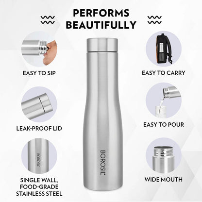 Borosil Swan Stainless Steel Single Wall Bottle 1L