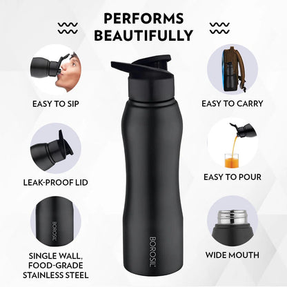 Borosil Grip N Sip Black Water Bottle