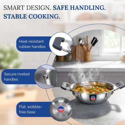 Tosaa Triply Mini Kadhai 3-Layer Base Ideal for Frying Tadka Compact Induction Compatible - 450 ml
