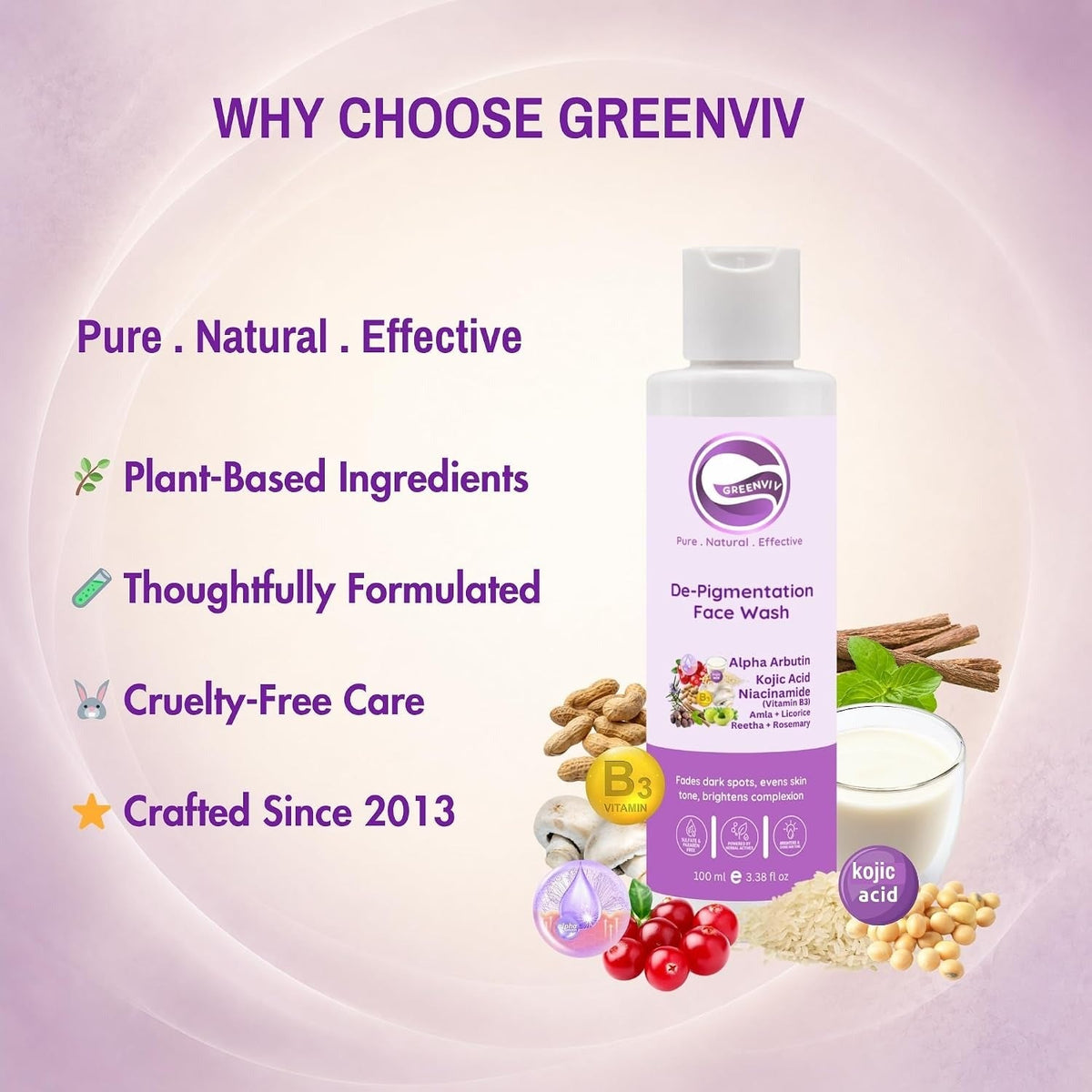 Greenviv 2% Alpha Arbutin + 1% Kojic Acid + 3% Niacinamide Anti-Pigmentation Face Wash - 100 ml