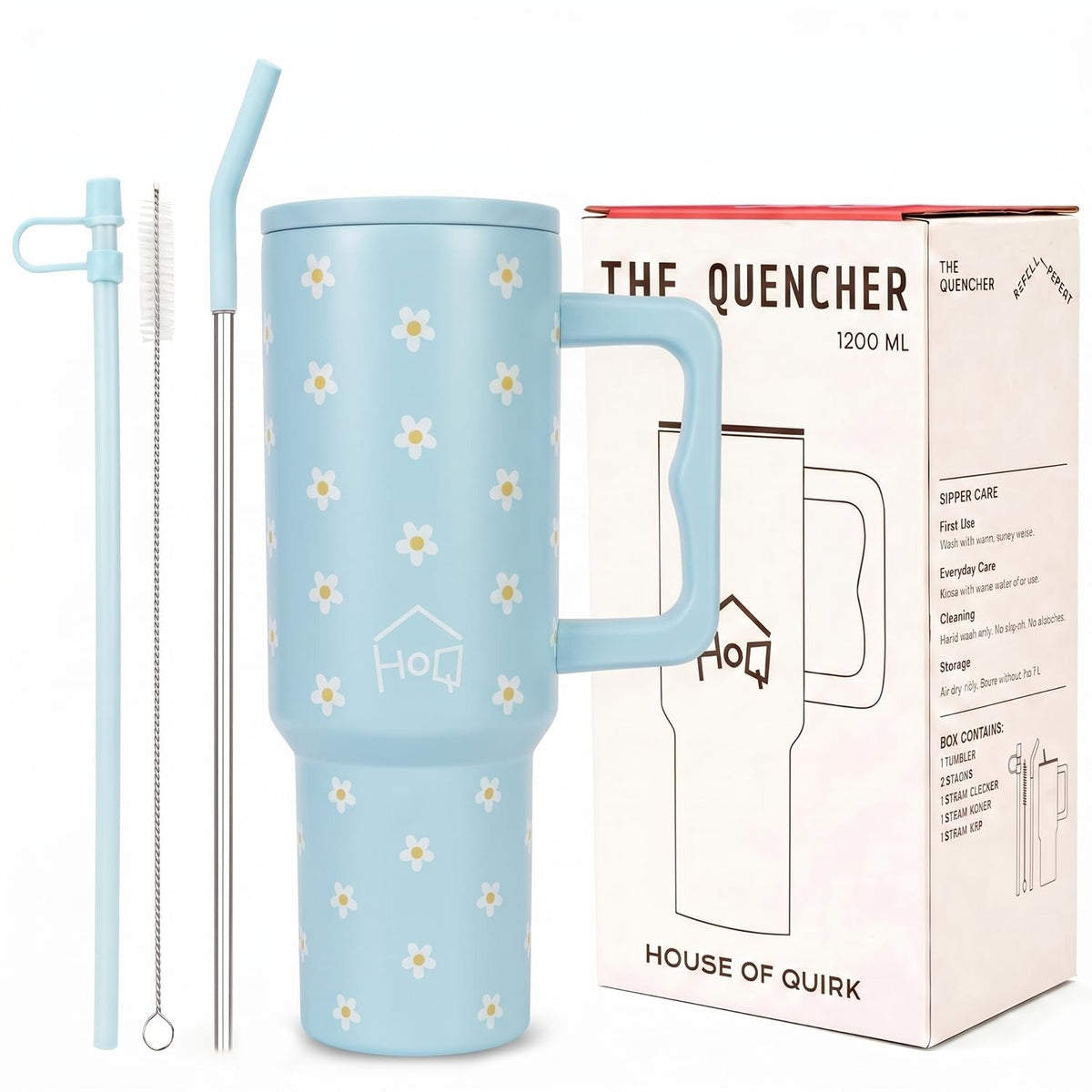 House of Quirk 1200ML Stainless Steel Tumbler with Handle & Lid - (Blue Daisy)