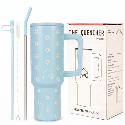 House of Quirk 1200ML Stainless Steel Tumbler with Handle & Lid - (Blue Daisy)