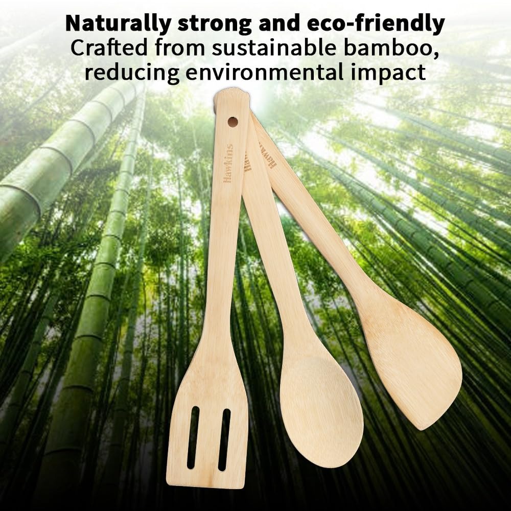 Hawkins Bamboo Spatula Set of 3, Natural Handmade Bamboo Spatulas, Kitchen Tools