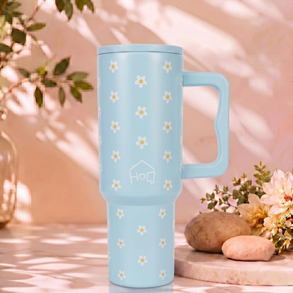 House of Quirk 1200ML Stainless Steel Tumbler with Handle & Lid - (Blue Daisy)
