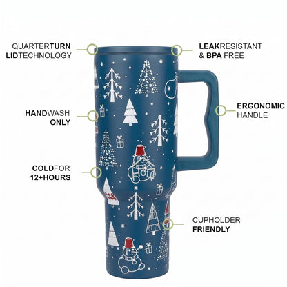 House of Quirk 1200ML Stainless Steel Tumbler with Handle & Lid -MerryBlue