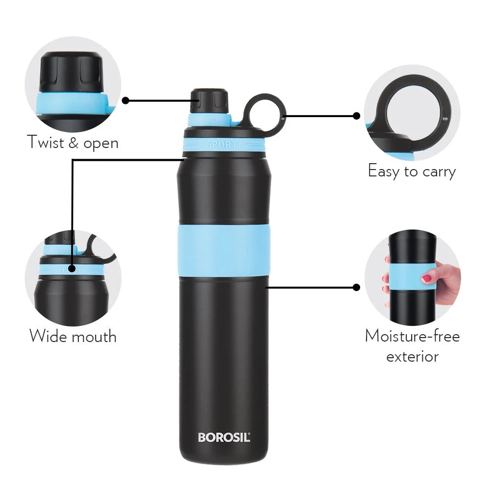 Borosil Hydra Steel Water Bottle ThirstBurst Arctic 800ml Vacuum Insulated